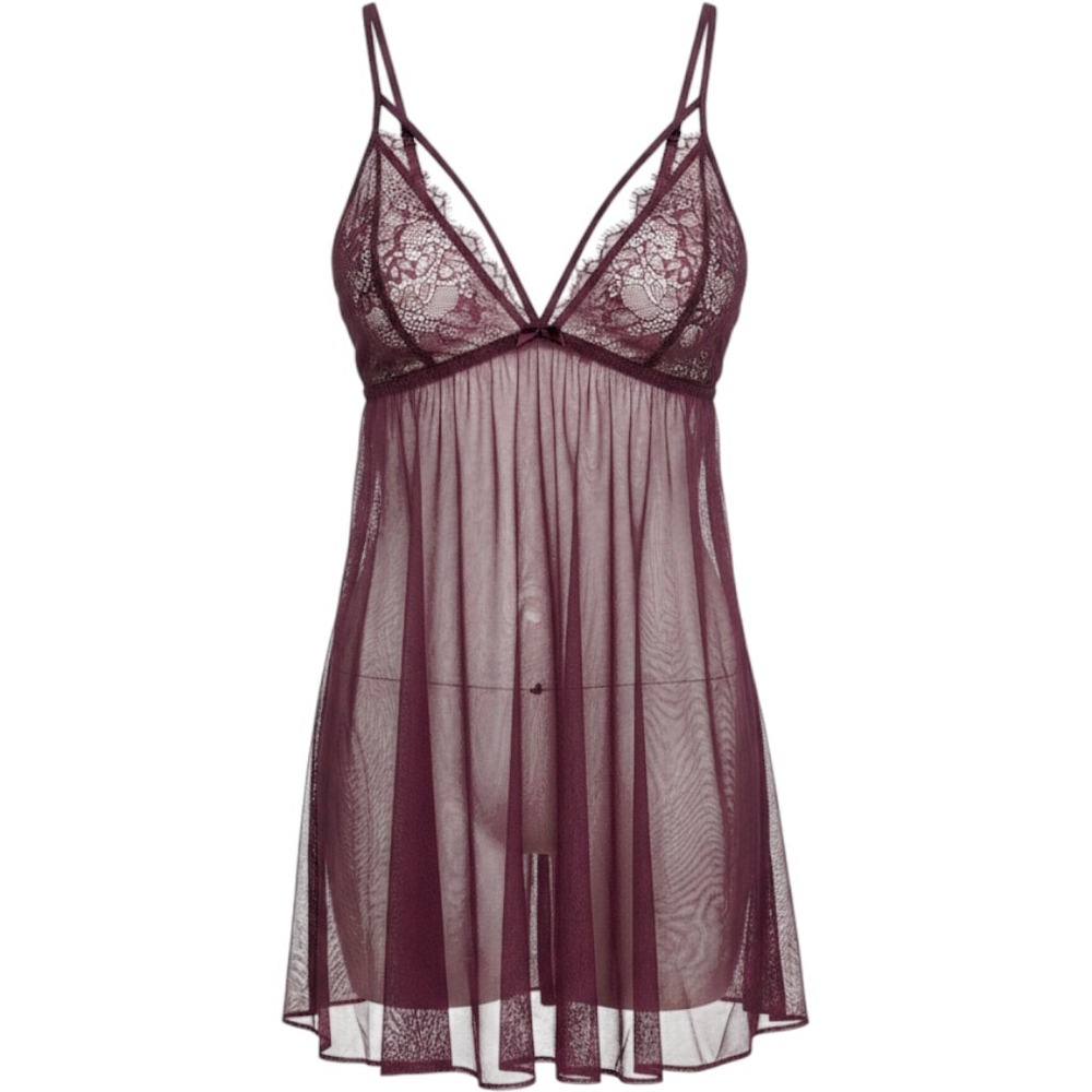 Victorias Secret Burgundy Lace Mesh Babydoll Nightgown Strappy Back L Petticoat